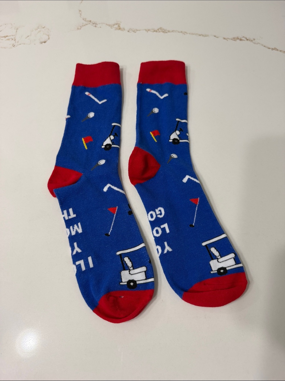 Unisex Blue Golf Crew Socks with Red Accents“I love you more than You Love Golf”